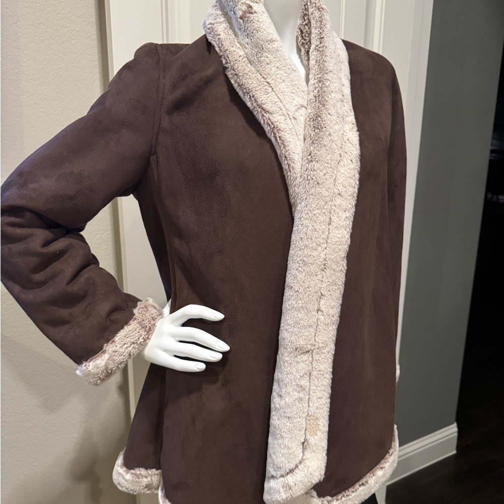 Kial Brown Open Front Cozy Plush Jacket Suede-Look Soft Coat